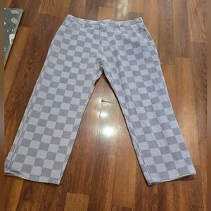 Cider Patchwork Checkered Mom Light Grey Denim Regular Rise Wide Leg Baggy Jeans